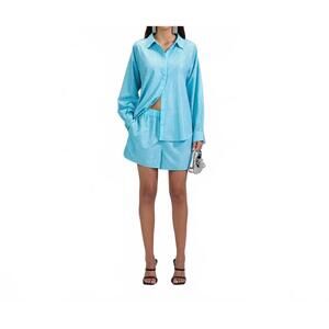 NEW SELF-PORTRAIT rhinestone taffeta oversized shirt in blue